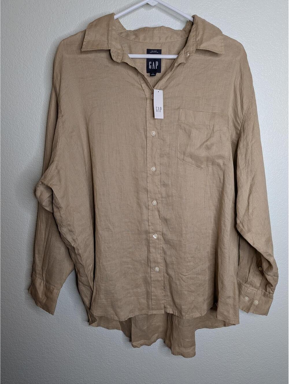GAP 100% Linen Big Shirt mens Large Button Up NWT Beige Oversized Top